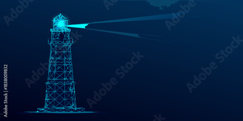 Futuristic polygonal lighthouse beams a bright light into the dark deep ocean