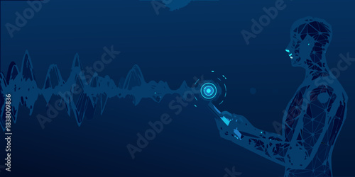 Artificial intelligence interface a human profile with digital signal waves