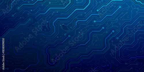 Abstract blue circuit board pattern with glowing lines and interconnected pathways