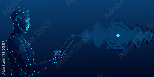 Digital human interface with a glowing brainwave signal and futuristic technology