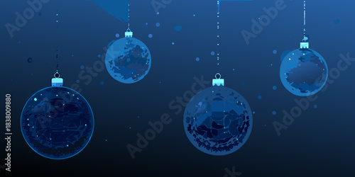 Abstract digital rendering of glowing blue christmas ornaments hanging in darkness