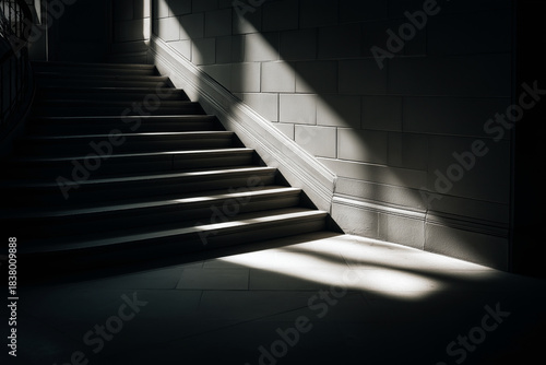 Dramatic contrast of light and shadow on an empty staircase in half-light