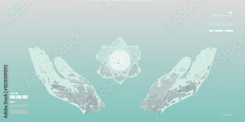Abstract hands cradling a glowing oval shape with floral patterns