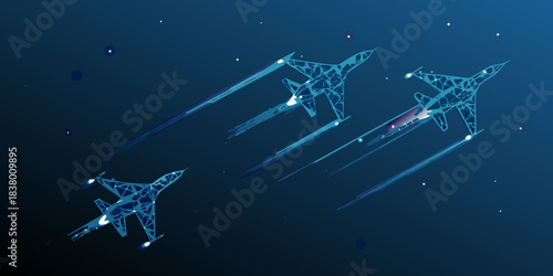 Futuristic fighter jets in a polygonal style soar through a dark starry sky