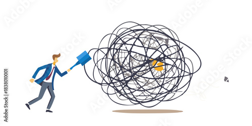 Man attempting to untangle a complex knot with a blue hammer