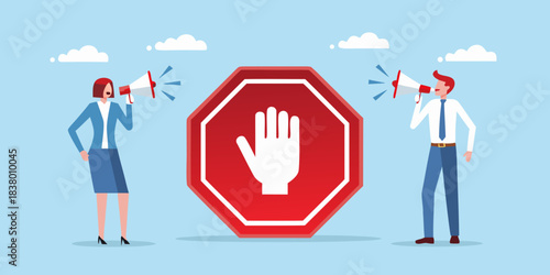 People using megaphones to announce a stop sign with a hand gesture