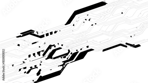 Abstract Digital Circuit Board Pattern White Lines on Black Background With Data Flow Representation
