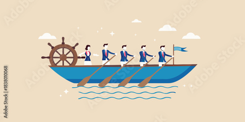 A blue boat with rowers and a ship s wheel on calm waters