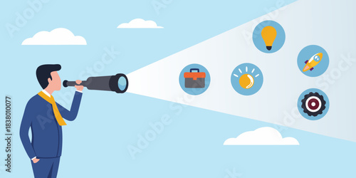 A man looking through a telescope at icons representing innovation and ideas