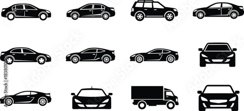 Vector silhouette icons of a set of transport vehicles including cars, trucks, buses, and vans for logo or design illustration
