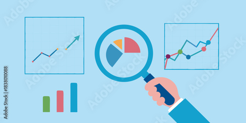 Analyzing data and trends with charts graphs and a magnifying glass