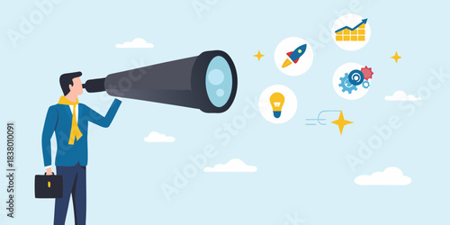 A man looks through a telescope observing growth ideas and innovation concepts