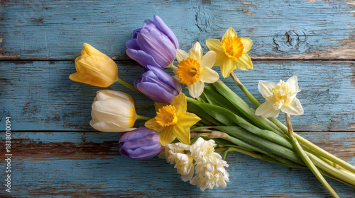 Lovely spring flower bouquet with colorful tulip and daffodil on rustic blue wood background creating cheerful, happy, and fresh feeling