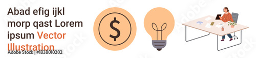 Innovation, finance, workspaces, productivity, remote work, entrepreneurship. Dollar sign, light bulb and woman at desk. Innovation and finance in a conceptual approach