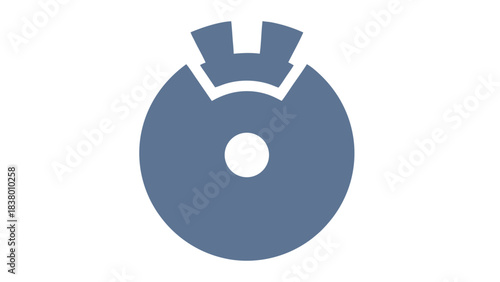 Abstract circular geometric shape with a central dot and ear like protrusions on a solid black background representing a stylized mechanical component or symbol.