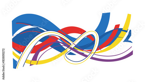 Abstract colorful ribbon swirl pattern with blue red yellow and purple against a black background dynamic motion and energy flow in a modern design