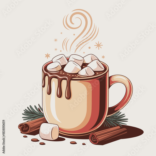 Steaming Christmas hot chocolate mug vector graphic – Great for holiday marketing campaigns, cafe signages, or winter event flyers.