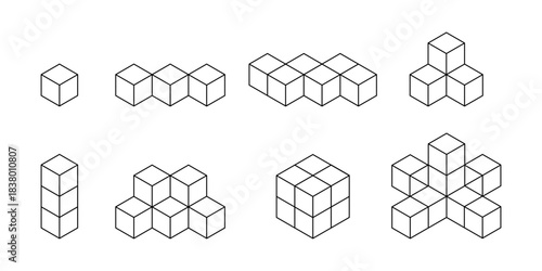Compositions of cube shapes in different arrangements isolated on white background. Building block toys. Cubic forms. Ice or sugar bricks, box silhouettes. Vector graphic illustration.