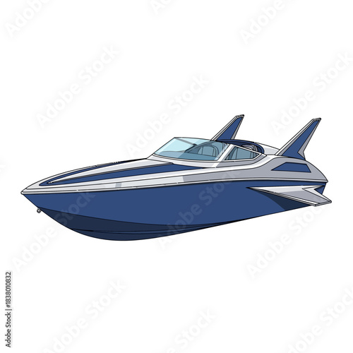 Sleek Blue and Silver Speedboat Isolated on White Background.