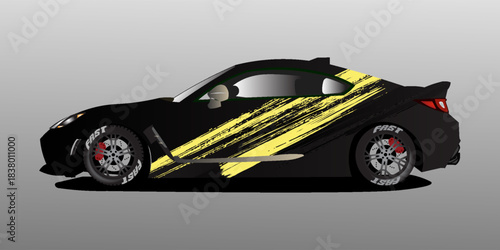 Illustration vector grahic of Car wrap decal with abstract brush design. Black yellow colour. Livery car editable. Mockup template sticker vinyl for racing, rally, or daily use.
