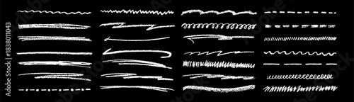 Blackboard friendly underline line bundle mixing chalk pencil white brush crayon marks to form hand drawn doodle stroke effect with bold color texture for expressive abstract vector art design.