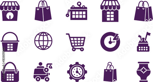 Vector set of shopping icons for web design including cart, bag, gift, and sale symbols