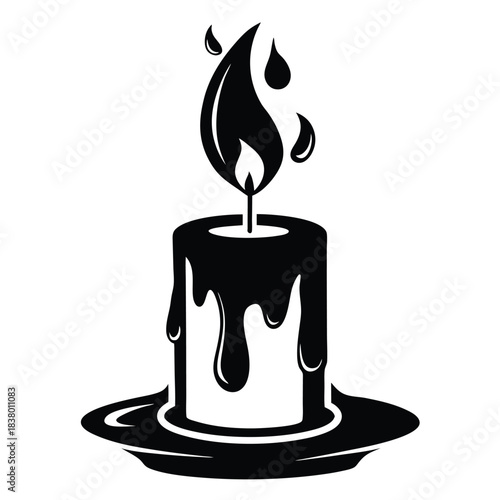 candle with a flickering flame and dripping wax black and white silhouette