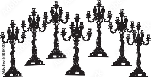 Black silhouette of ornate candelabras on white background candlestick vintage