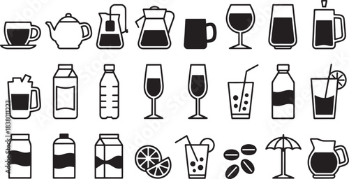 Collection of black and white beverage and drink icons vector