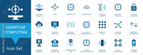 Quantum Computing Icon Set. Modern vector icons for qubit, quantum processor, circuit, network, encryption, and cryogenics technology.