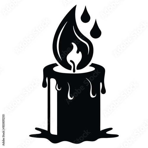 candle with a flickering flame and dripping wax black and white silhouette