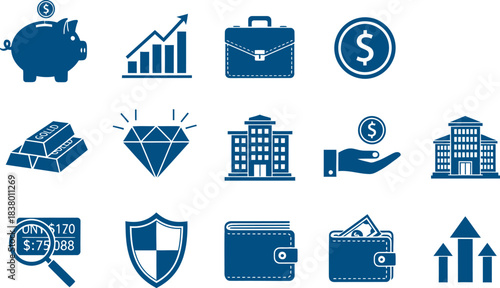 Finance And Business Icons In Blue Silhouettes money piggy bank