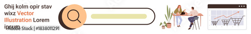 Online shopping, e-commerce, teamwork, data analysis, digital marketing, website design. Search bar with magnifying glass, team discussion shopping cart graph. E-commerce and data analysis