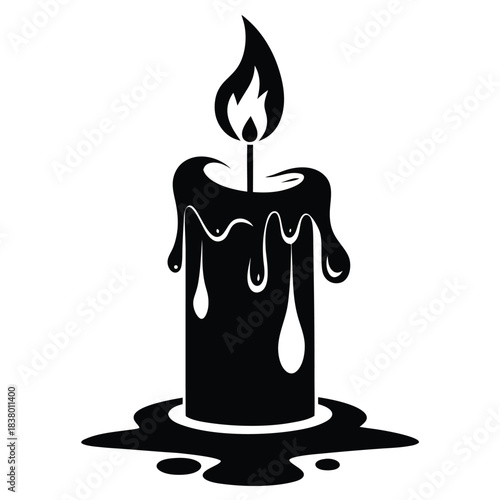 candle with a flickering flame and dripping wax black and white silhouette