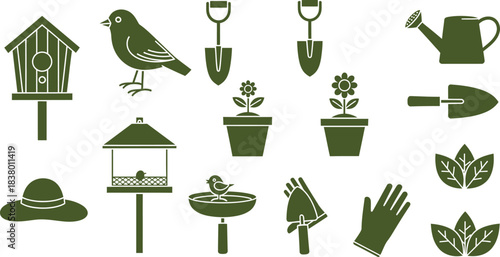 Gardening Tools and Birdhouse Icons shovel watering can