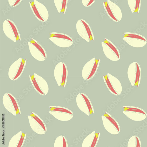 Pistachio nuts pattern soft pastel green colors, healthy food nuts and seeds, nuts doodle. Packaging, wallpaper, wrapper, backdrop.