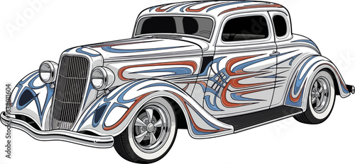 Classic car illustration with decorative colorful details