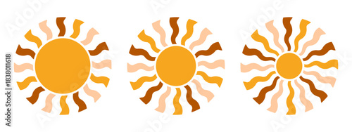 Set of groovy sun silhouettes isolated on white background. Sunburst, sunbeam or sunlight shapes. Spring or summer theme design elements. Positive vibes or good mood concept. Vector flat illustration.
