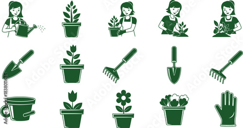 Green silhouette icons of gardening activities and tools woman watering can