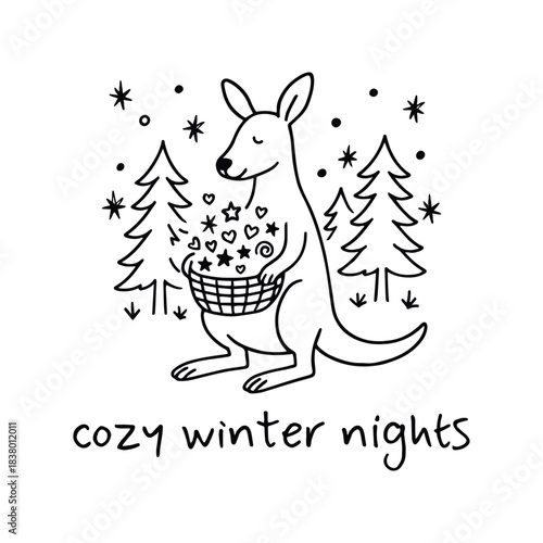 Kangaroo cradling a basket of stars—cozy winter nights wrapped in hush, pine, and gentle wonder, vector