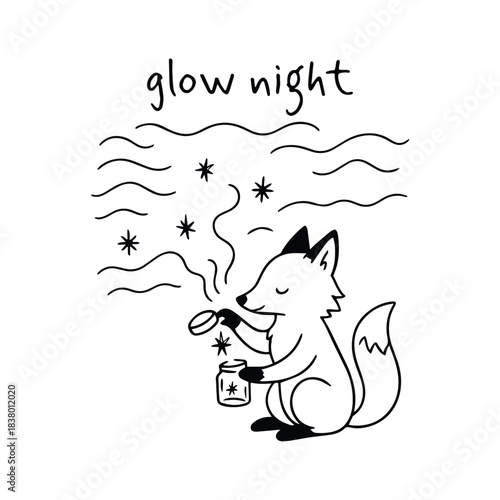 Fox spooning starlight from a wish jar—glow night steeped in hush, hope, and playful magic, vector