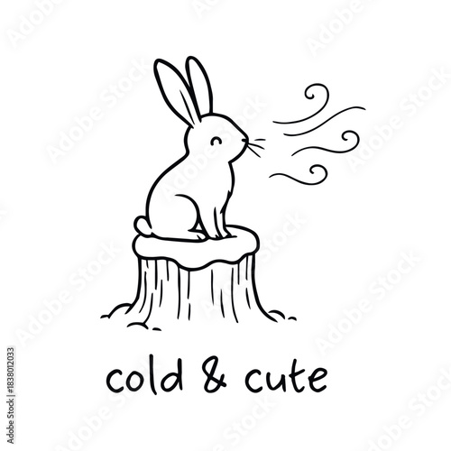Rabbit exhaling frost atop a tree stump—cold & cute in a hush of winter’s tender stillness, vector