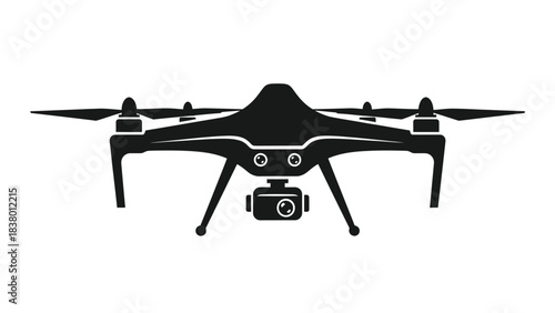 Black silhouette of a modern drone with a camera viewed from below