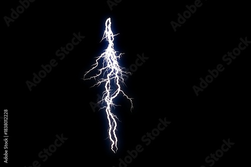 Tall narrow white lightning column on black background, bright jagged electric discharge with subtle branches, powerful high voltage storm streak lightning texture graphic resource overlay for cinemat