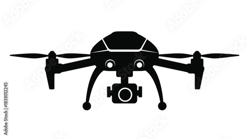 Black silhouette of a modern drone with a camera viewed from directly below