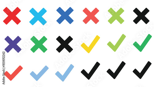 Arrangement of colorful x and checkmark symbols in multiple rows and columns