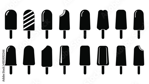 A collection of various black silhouette popsicle icons in a row