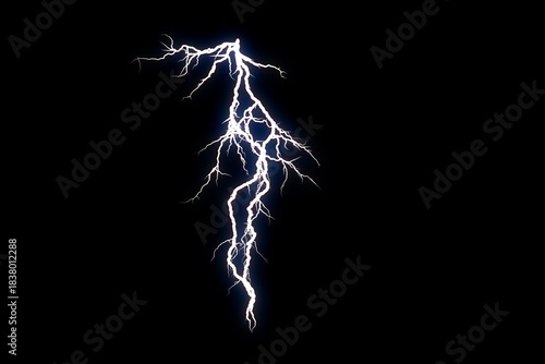 Curved vertical white lightning bolt on black sky, branching electric filaments with bright plasma edge, realistic high voltage discharge lightning texture graphic resource overlay for storm, thriller