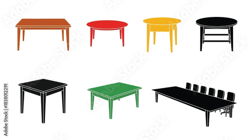 A collection of simple colorful table and chair illustrations in a flat design