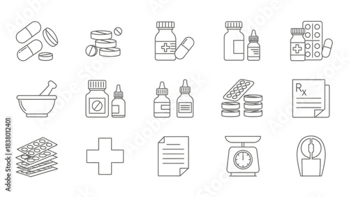 Collection of medical supplies and pharmaceutical icons in a linear style